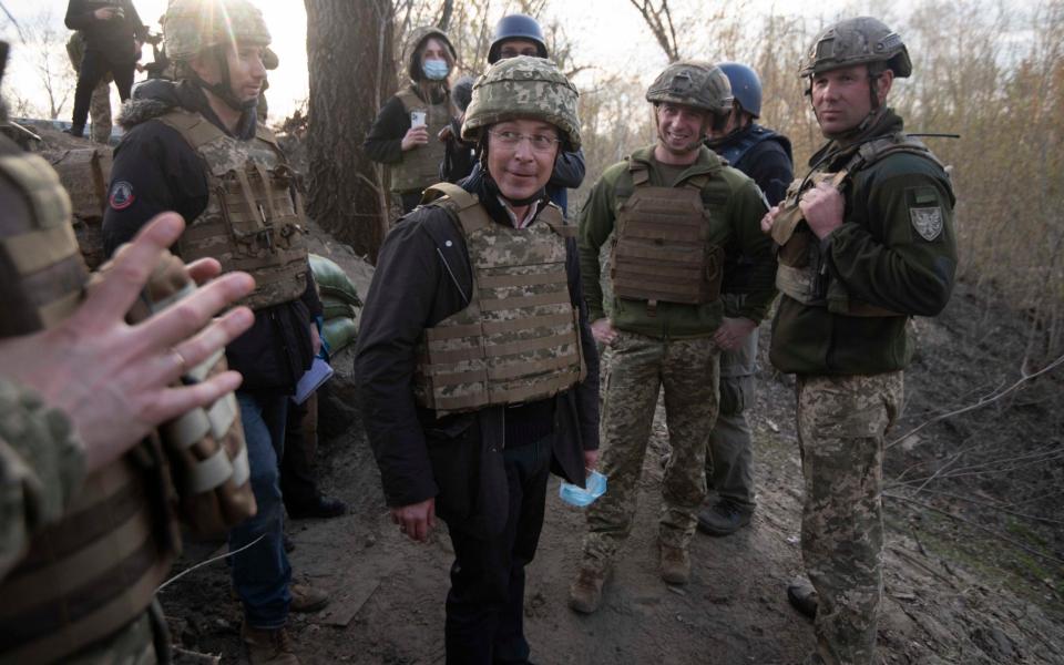 The Ukrainian Culture and Information Minister (centre ) with Ukrainian Troops along the frontline near Shchastaya, Eastern Ukraine - Julian Simmonds