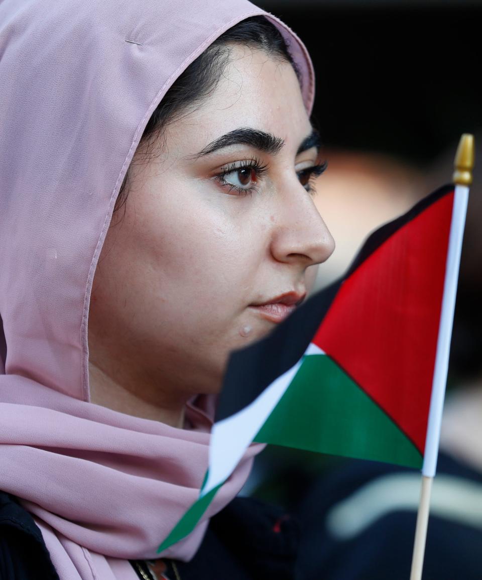 Protesters march on campus in response to the Palestine and Israel conflict, Thursday, Oct. 12, 2023, at Purdue University in West Lafayette, Ind.