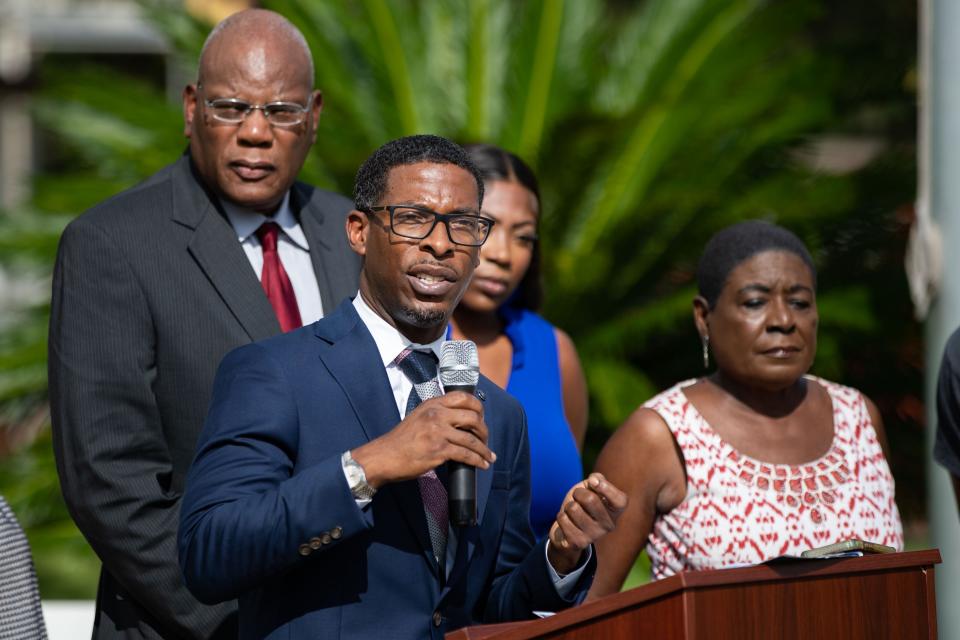 NAACP President Mutaqee Akbar speaks during a press conference at the Florida Education building where he and other community members called upon Commissioner of Education Manny Diaz to reverse the decision made on the AP African American studies  Thursday, Aug. 10, 2023.