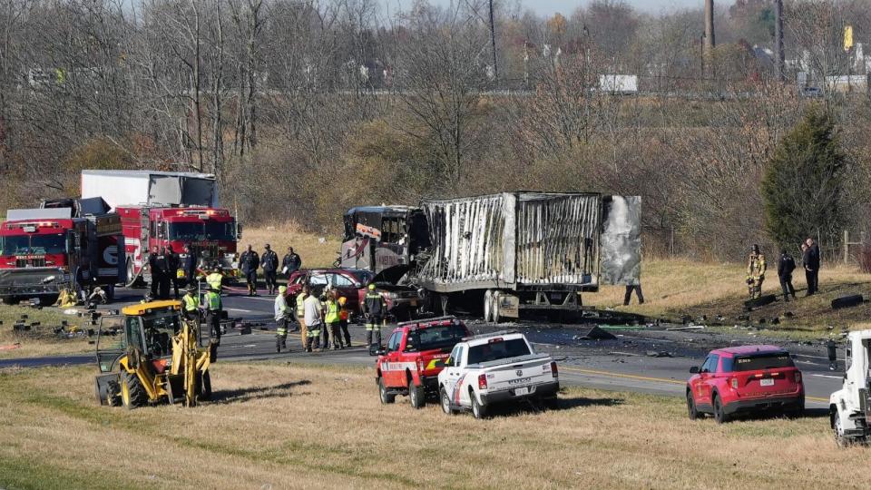 PHOTO: Six people, including three teenagers, were killed in a multi-vehicle crash on an Ohio highway Nov. 14, 2023, involving a charter bus carrying high school students. (Barbara Perenic/Columbus Dispatch/USA Today)