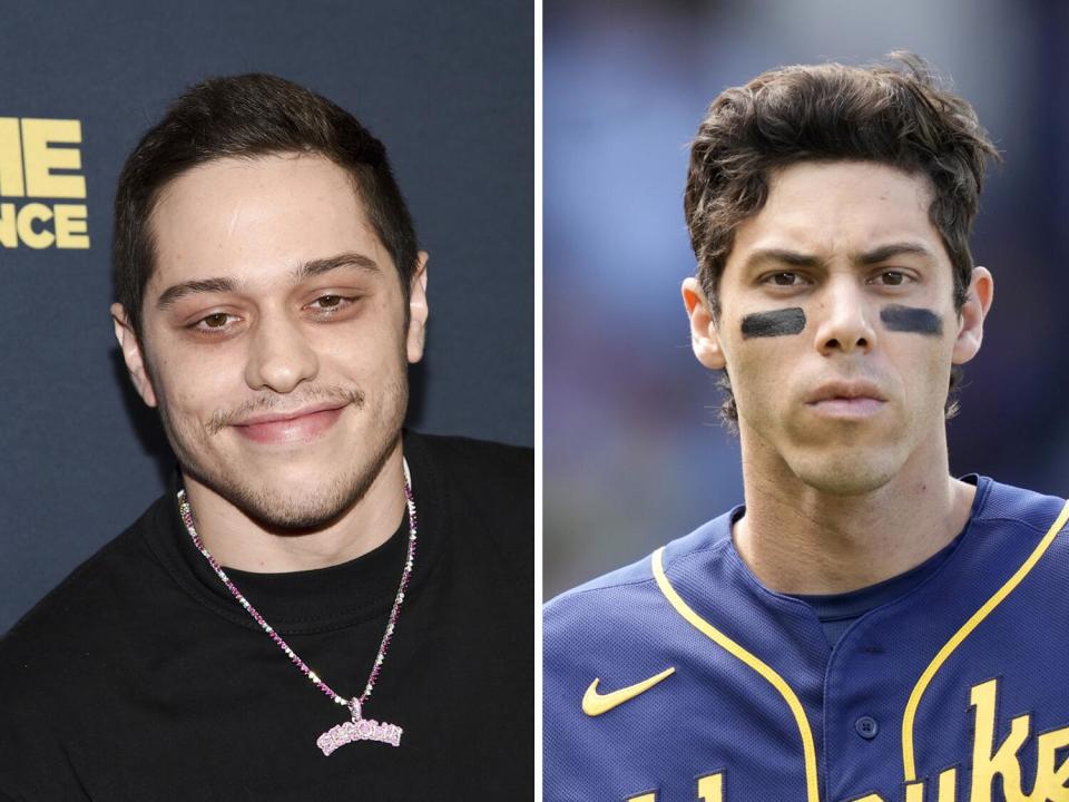 Comedian Pete Davidson on the left and Milwaukee Brewers' Christian Yelich on the right.