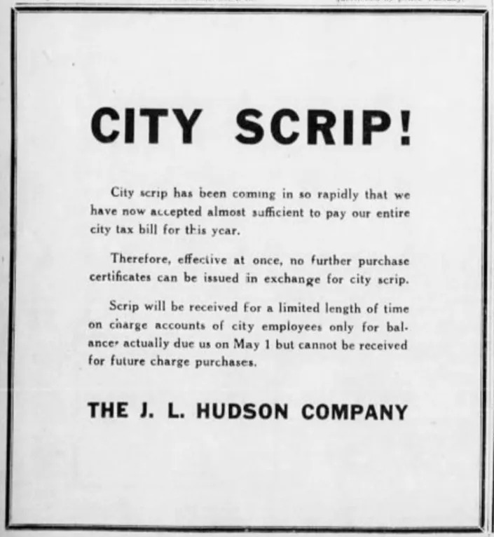 Hudson’s ran thousands of ads in Detroit newspapers over the decades. This notice, from 1933, is one of the most unusual.