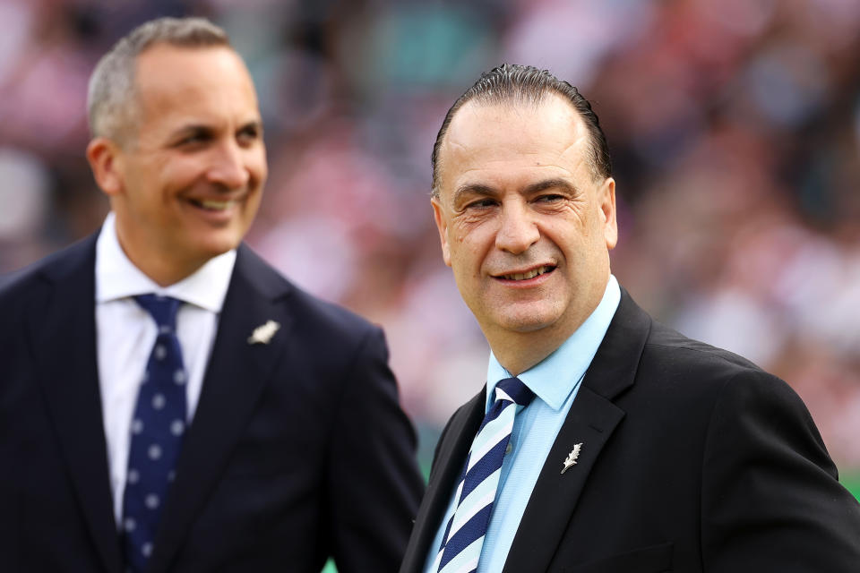 SYDNEY, AUSTRALIA - APRIL 25:  Andrew Abdo the Chief Executive Officer of the National Rugby League and Peter V'landys the Chairman of the Australian Rugby League Commission are seen as they wait to take part in the pre-game ANZAC ceremony before the round seven NRL match between the St George Illawarra Dragons and the Sydney Roosters at Sydney Cricket Ground, on April 25, 2022, in Sydney, Australia. (Photo by Mark Kolbe/Getty Images)