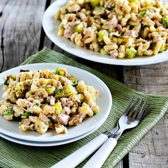 <strong><a href="https://kalynskitchen.com/tuna-macaroni-salad-dill-pickles-capers/" target="_blank" rel="noopener noreferrer">Get the Tuna and Macaroni Salad with Dill Pickles, Capers and Green Onions recipe from Kalyn's Kitchen</a></strong>