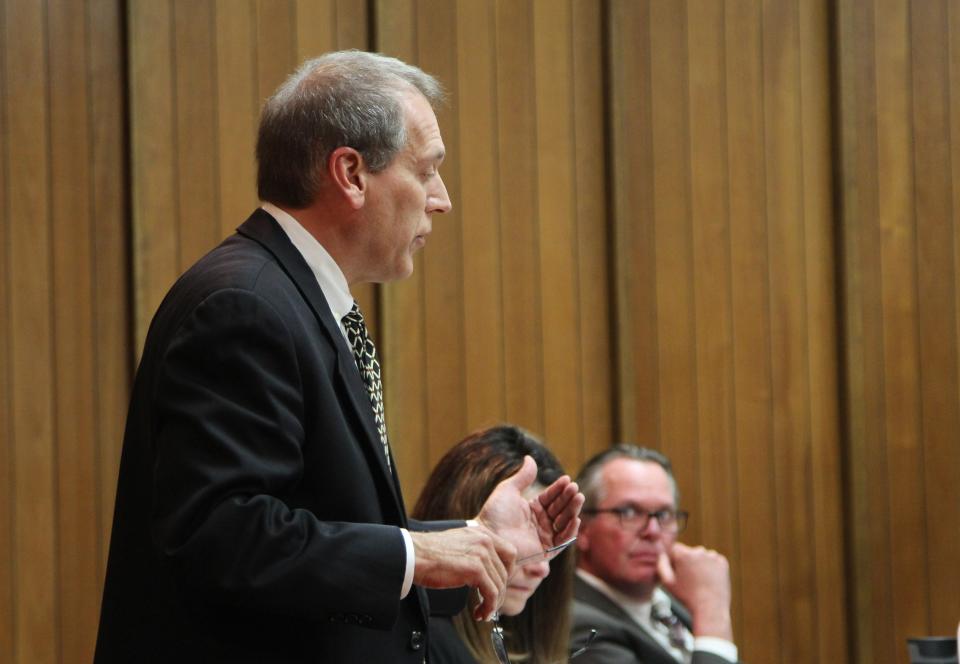 Iowa Assistant Attorney General Douglas Hammerand, standing, asks the court to disallow Michael Lang’s attorneys from arguing self-defense as Lang is tried for first-degree murder in the April 9, 2021, death of Iowa State Patrol Sgt. Jim Smith.