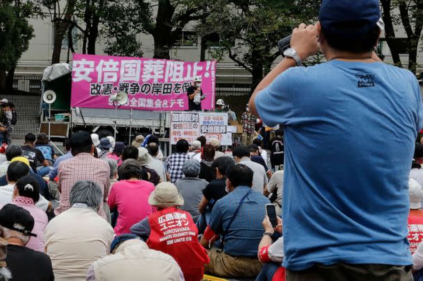 PHOTO: Protesters gather a park in Tokyo on Sept. 23, 2022, demanding the cancellation of former Japanese Prime Minister Shinzo Abe's state funeral. (Yuri Kageyama/AP)