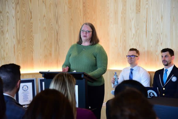 PHOTO: Christy Staats speaks at the Guinness World Records ceremony at Oregon Health & Science University on May 1, 2023. (Courtesy of Oregon Health & Science University)