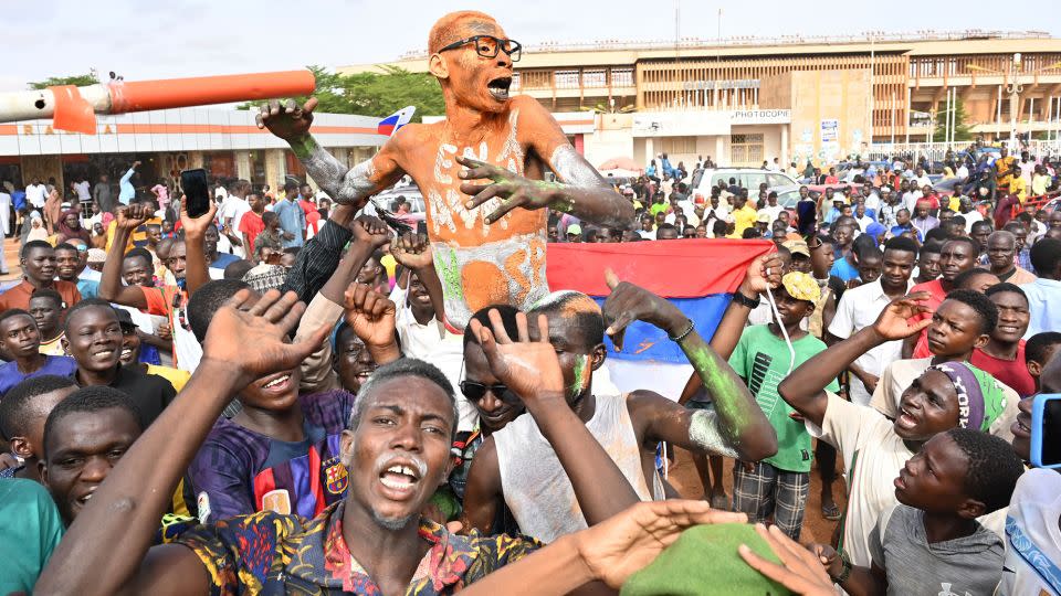 Supporters of  the junta demonstrate in Niamey, the Nigerin capital, on Sunday. - AFP/Getty Images