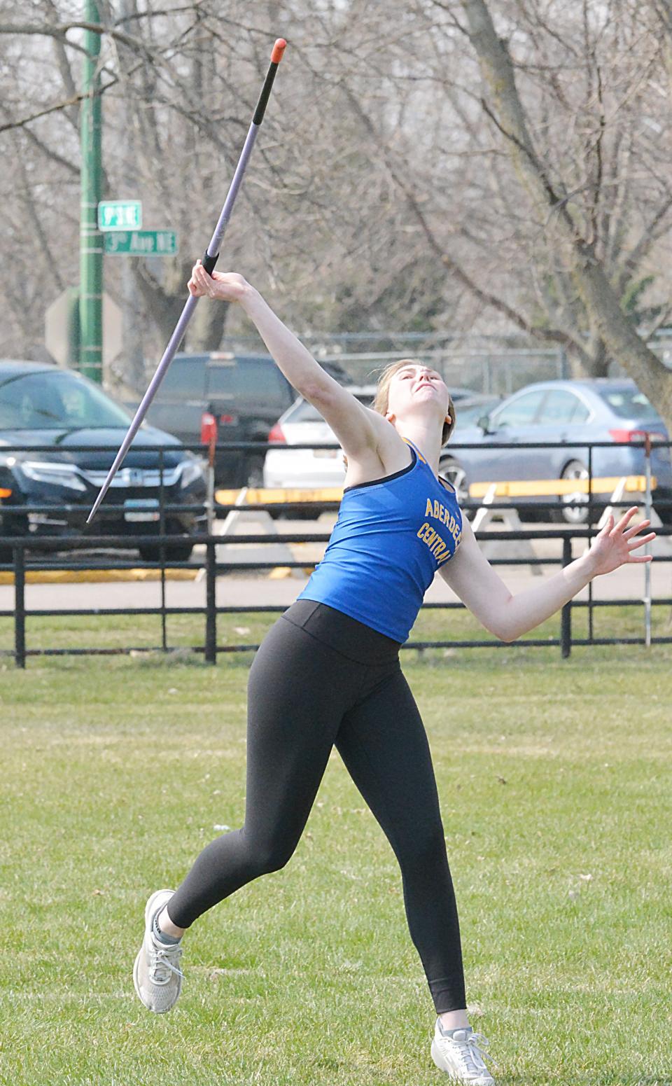 Grace Kuch of Aberdeen Central placed in girls division throwing events in the 2023 Eastern South Dakota Conference track and field meet. She won the discus, took second in the javelin and fifth in the shot put.