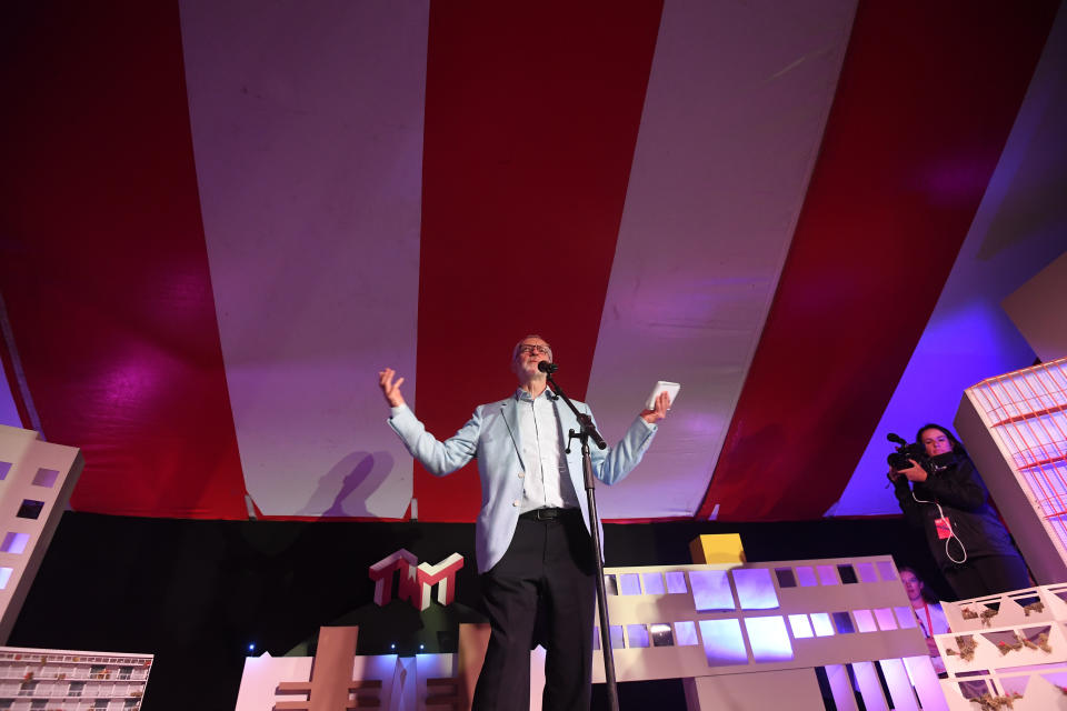 Labour leader Jeremy Corbyn speaks at the The World Transformed (TWT) opening rally at the Old Steine Gardens during the Labour Party Conference in Brighton. PA Photo. Picture date: Saturday September 21, 2019. See PA story LABOUR Main . Photo credit should read: Victoria Jones/PA Wire