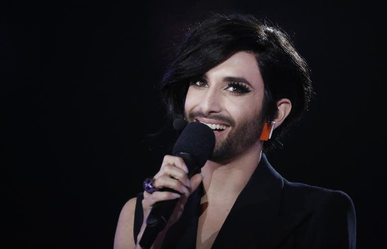 Conchita Wurst from Austria performs during the second semi-final of the Eurovision Song Contest on May 21, 2015 in Vienna