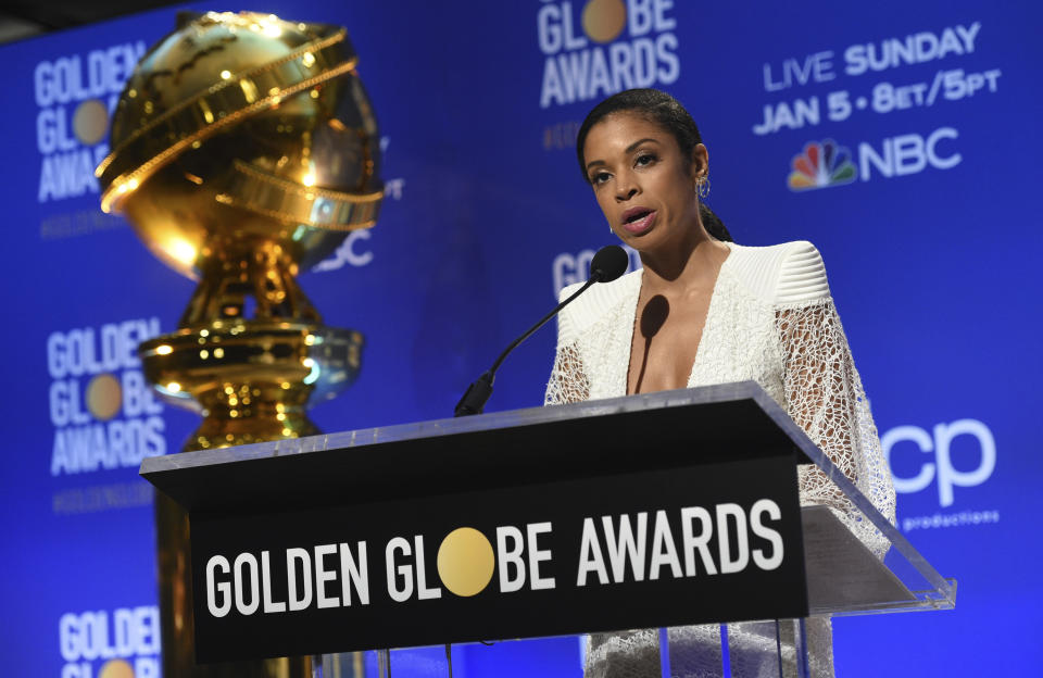 Susan Kelechi Watson announces nominations for the 77th annual Golden Globe Awards at the Beverly Hilton Hotel on Monday, Dec. 9, 2019, in Beverly Hills, Calif. The 77th annual Golden Globe Awards will be held on Sunday, Jan. 5, 2020. (AP Photo/Chris Pizzello)