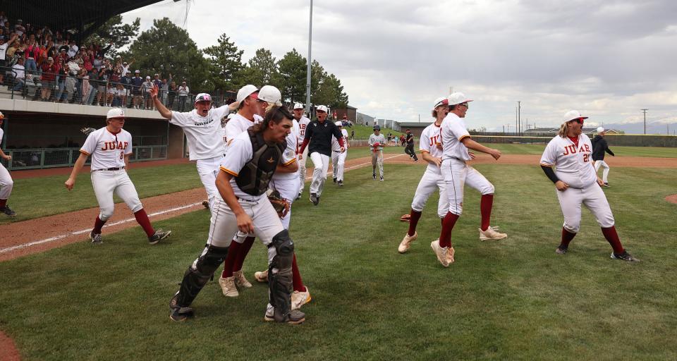 Juab celebrates winning the 3A baseball championship over Juan Diego Catholic High School at Kearns High on Saturday, May 13, 2023. Juab won 7-4. | Scott G Winterton, Deseret News