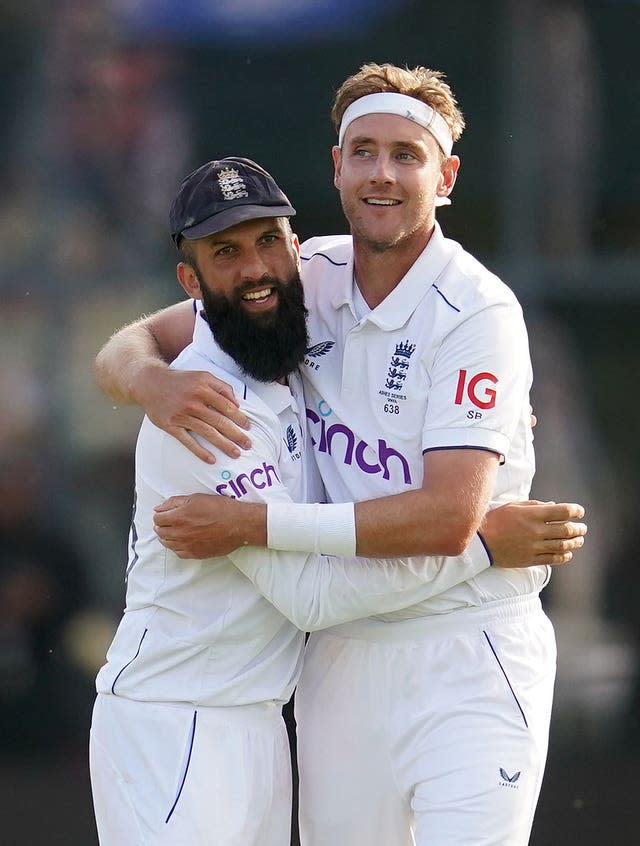 Stuart Broad, right, celebrates with Moeen Ali after dismissing Steve Smith in the Ashes opener at Edgbaston