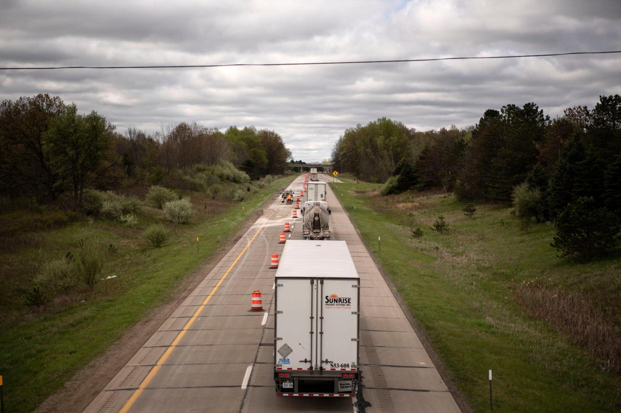 Trucks travel south on Interstate-69 on Wednesday, May 5, 2021. Earlier this year, the Michigan Department of Transportation began construction to rebuild I-69 from south of I-94 in Calhoun County to Island Highway in Eaton County.