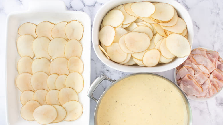 white pan with potatoes