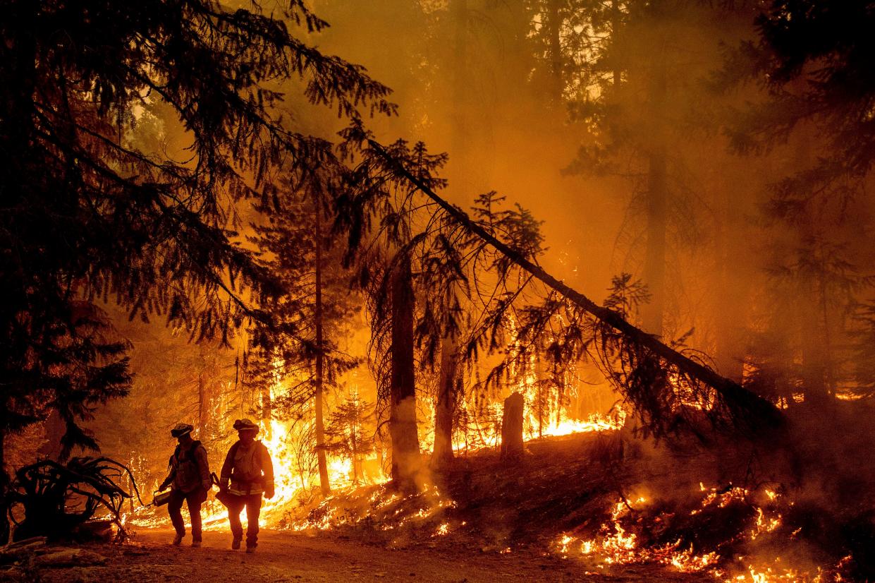 Firefighters light a backfire to stop the Dixie Fire from spreading near Prattville in Plumas County, Calif. on Friday, July 23, 2021.