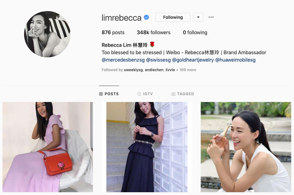 Mediacorp actress Rebecca Lim's Instagram account. 