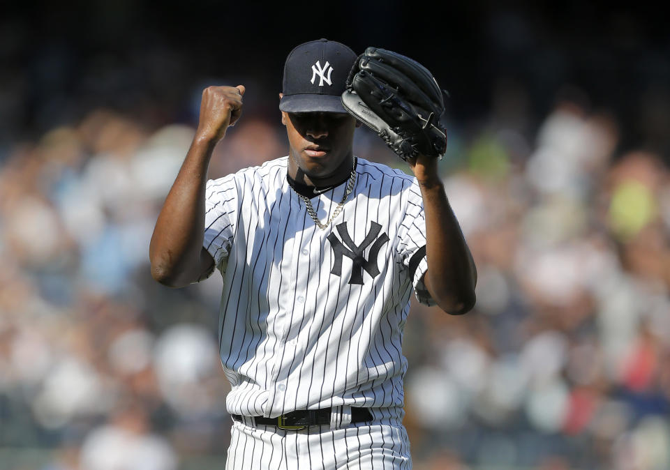 NEW YORK, NEW YORK - SEPTEMBER 22: Luis Severino #40 of the New York Yankees reacts after the final out of the fifth inning against the Toronto Blue Jays  at Yankee Stadium on September 22, 2019 in New York City. (Photo by Jim McIsaac/Getty Images)