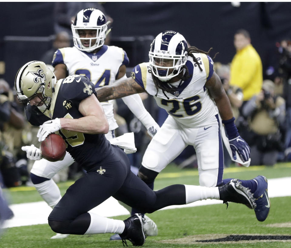 New Orleans Saints' Dan Arnold bobbles a catch in the end zone during the first half of the NFL football NFC championship game against the Los Angeles Rams, Sunday, Jan. 20, 2019, in New Orleans. (AP Photo/Gerald Herbert)