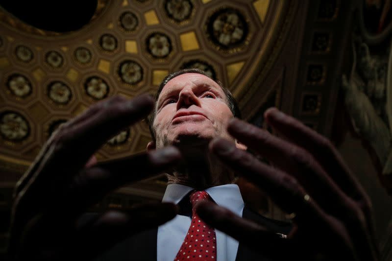 U.S. Senator Richard Blumenthal speaks to reporters during a break during the Trump impeachment trial in Washington