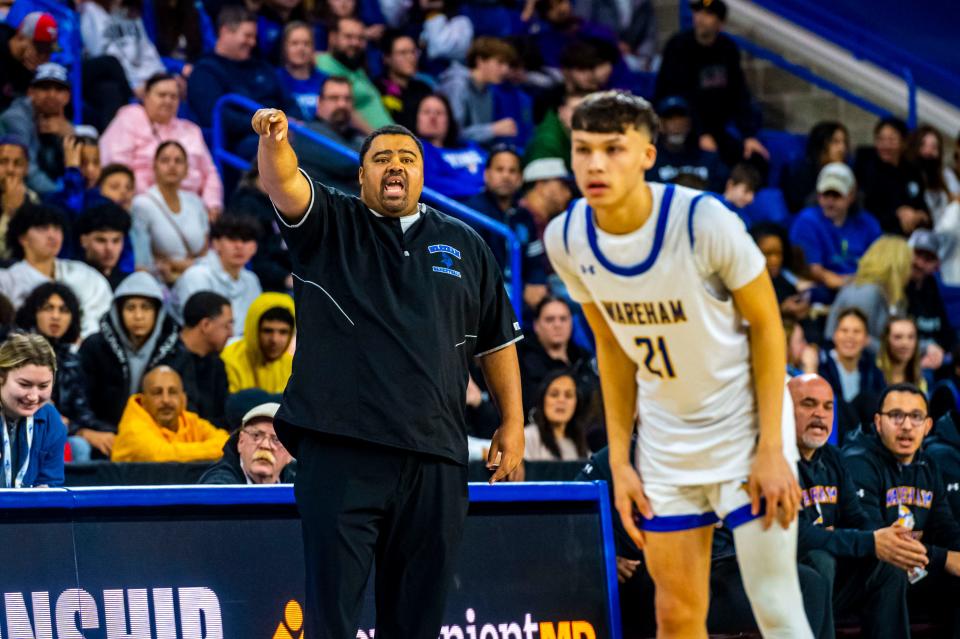 Wareham coach Steve Faniel gives instructions from the sidelines.