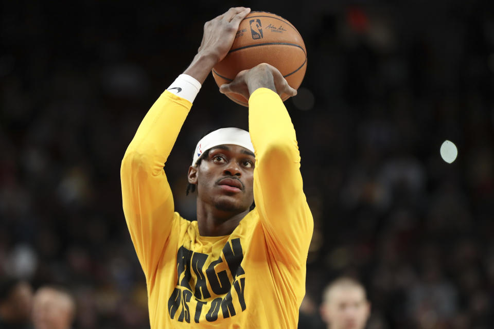 PORTLAND, OREGON - FEBRUARY 13: Jarred Vanderbilt #2 of the Los Angeles Lakers warms up before a game against the Portland Trail Blazers at Moda Center on February 13, 2023 in Portland, Oregon. NOTE TO USER: User expressly acknowledges and agrees that, by downloading and or using this photograph, user is consenting to the terms and conditions of the Getty Images License Agreement. (Photo by Amanda Loman/Getty Images)