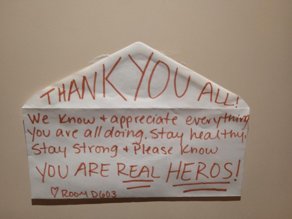 A thank you note to crew is stuck to the door of a cabin aboard the quarantined Diamond Princess cruise ship | Sent to TIME via Gie, a <em>Diamond Princess</em> crew member