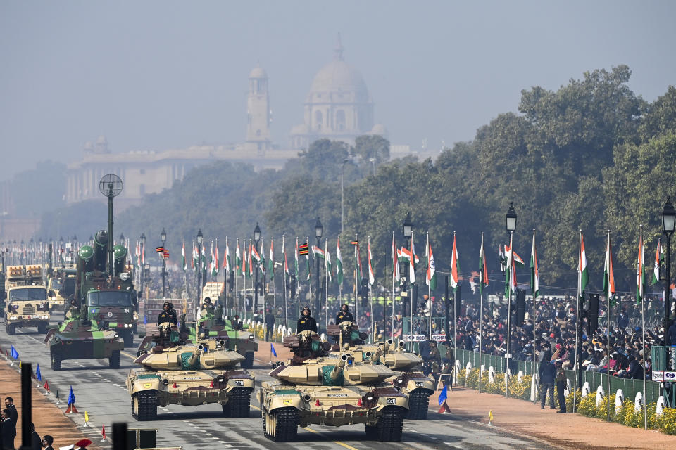 Soldiers march along Rajpath during the Republic Day parade in New Delhi on January 26, 2021. (Photo by Jewel SAMAD / AFP) (Photo by JEWEL SAMAD/AFP via Getty Images)