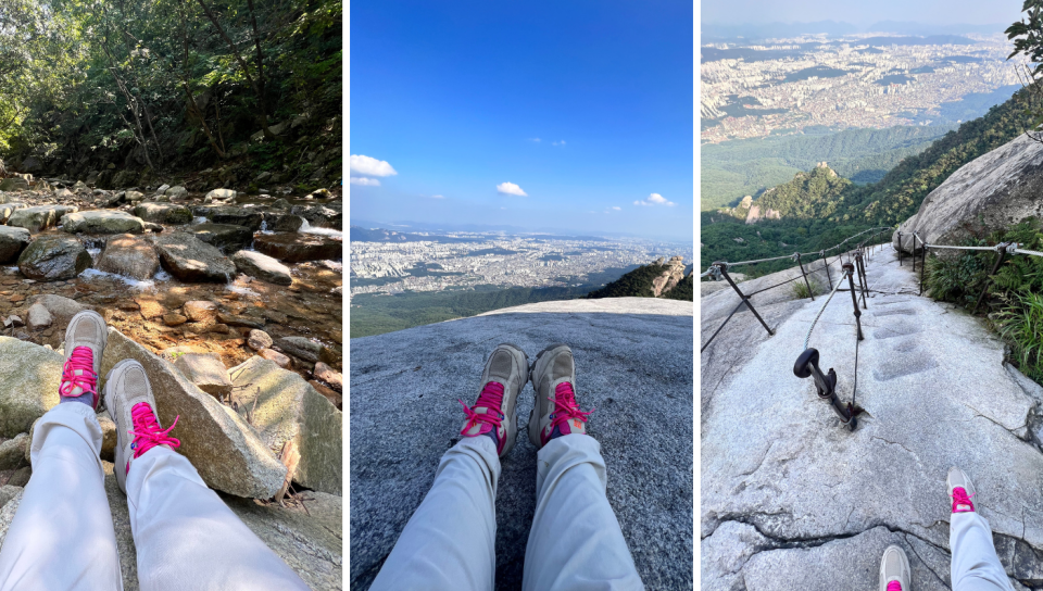 L to R: Columbia Hatana MAX Outdry and Coral Ridge pants took me through rivers, up life faces and down rocky surfaces during a hike up Bukhansan in Seoul, South Korea. (Photo: Stephanie Zheng)