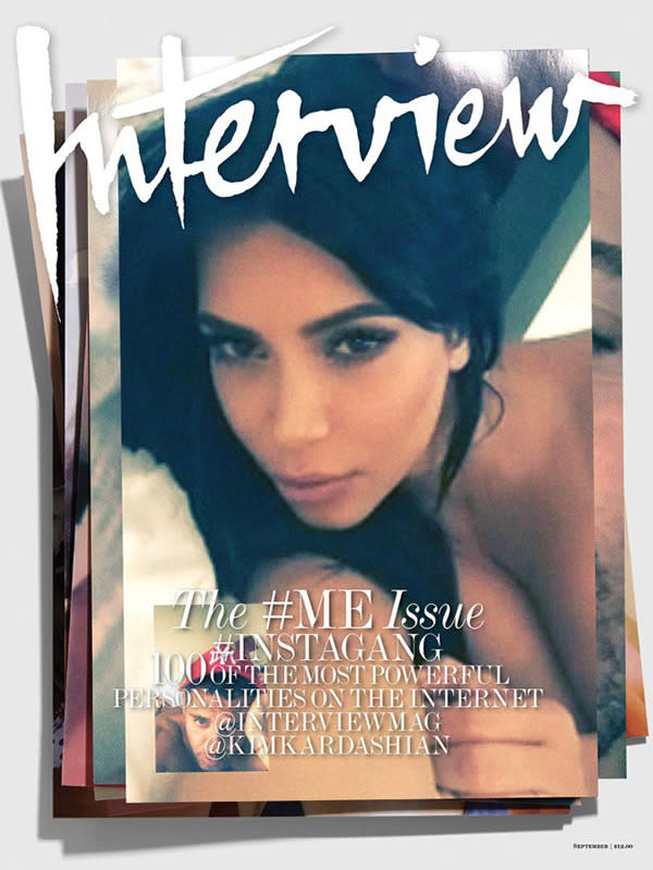 Among the eight cover stars for the September issue of the magazine is selfie queen herself, Kim Kardashian West. For Kardashian West, magazine editorial director Fabien Baron suggested Facetime photos instead of a traditional selfie. Since the 34-year-old star appears topless in her snap, we're tapping that she was Facetiming husband Kanye West at the time.