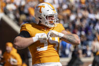 Tennessee tight end McCallan Castles (34) celebrates scoring a touchdown during the second half of an NCAA college football game against UConn Saturday, Nov. 4, 2023, in Knoxville, Tenn. (AP Photo/Wade Payne)