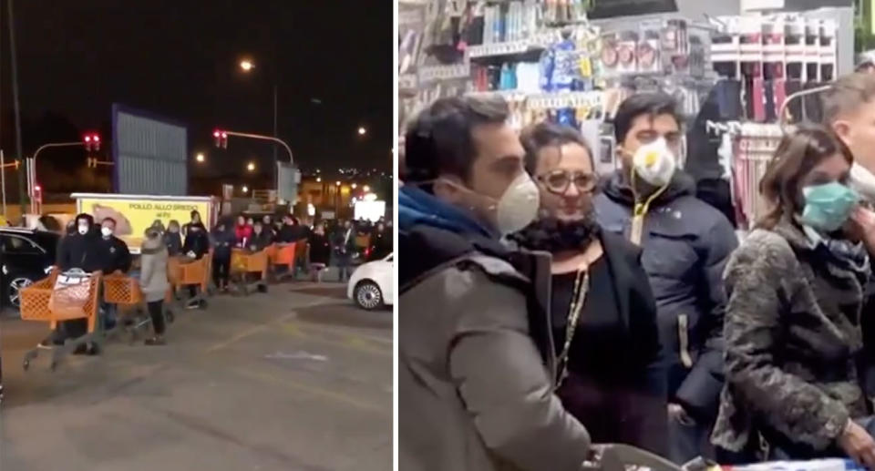 Shoppers queue up at supermarkets in Italy.