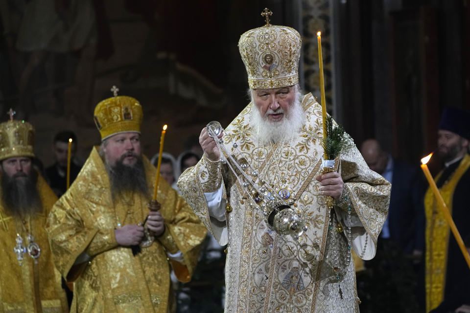 Russian Orthodox Patriarch Kirill delivers a Christmas service in the Christ the Saviour Cathedral in Moscow, Russia, Friday, Jan. 6, 2023. Orthodox Christians celebrate Christmas on Jan. 7, in accordance with the Julian calendar. (AP Photo/Alexander Zemlianichenko, Pool)