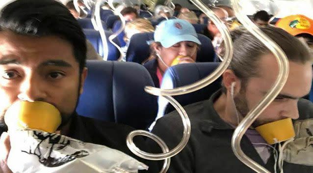 This image has sparked debate online around the correct way to wear an oxygen mask. Photo: Twitter