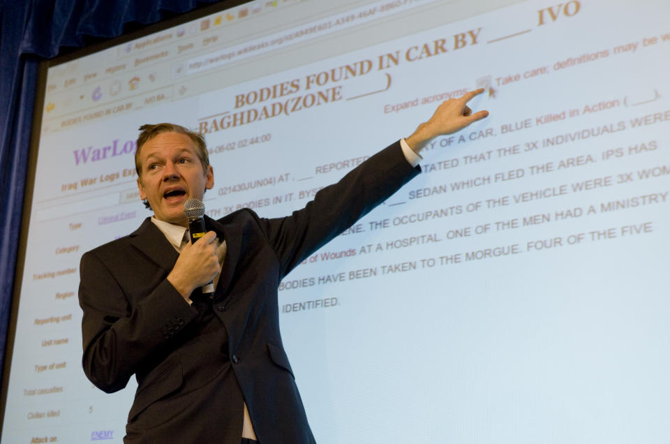 Wikileaks founder Julian Assange presents Iraq war logs at press conference, Westminster, London on October 23, 2010. (Shutterstock)
