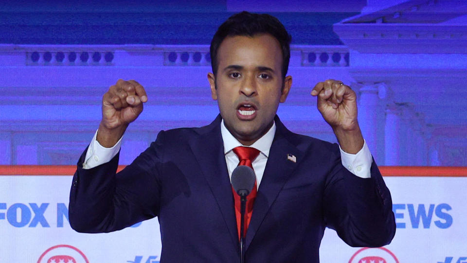 Former biotech executive Vivek Ramaswamy speaks at the first Republican candidates' debate in Milwaukee, Wisconsin on August 23, 2023. (Brian Snyder/Reuters)