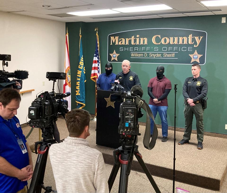Martin County sheriff’s officials arrested one person and seized 3 pounds of methamphetamines after arranging an undercover drug transaction. Sheriff Will Snyder and masked undercover investigators answer questions Jan. 5, 2023, about the bust earlier in the week.