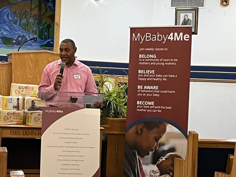 Pastor Cornelius Hill speaks at a launch rally for MyBaby4Me at Ephesian Primitive Baptist Church in Nashville on Jan. 27, 2024.