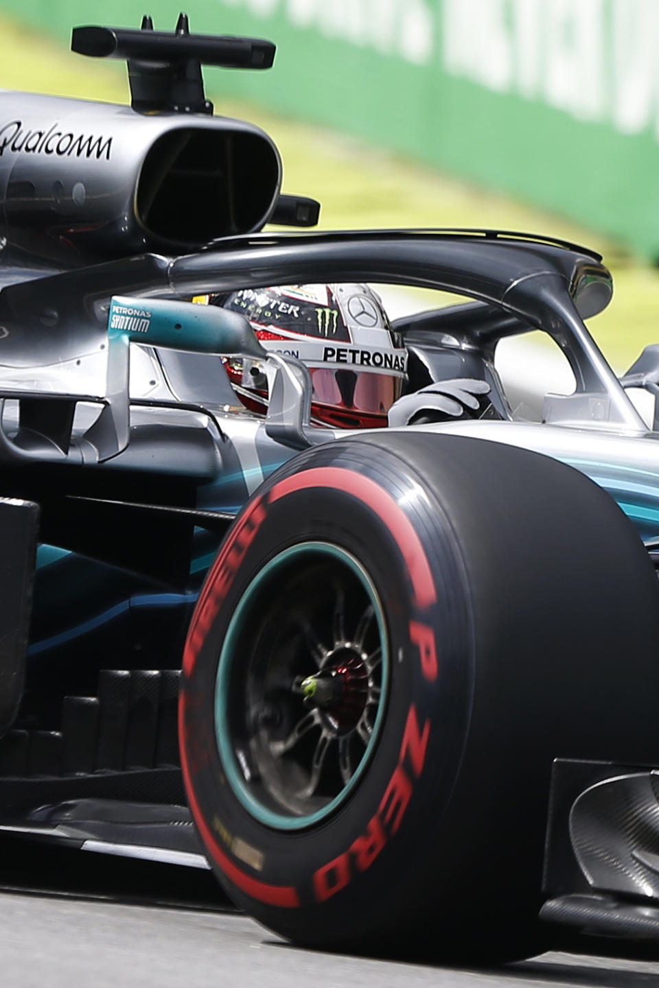 Mercedes driver Lewis Hamilton, of Britain, steers his car during the qualifying session at the Interlagos race track in Sao Paulo, Brazil, Saturday, Nov. 10, 2018. (AP Photo/Nelson Antoine)