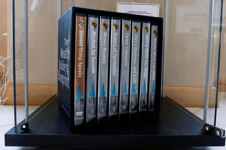 Trump University DVDs are displayed at The Trump Museum near the Republican National Convention in Cleveland, Ohio, U.S., July 19, 2016. REUTERS/Lucas Jackson