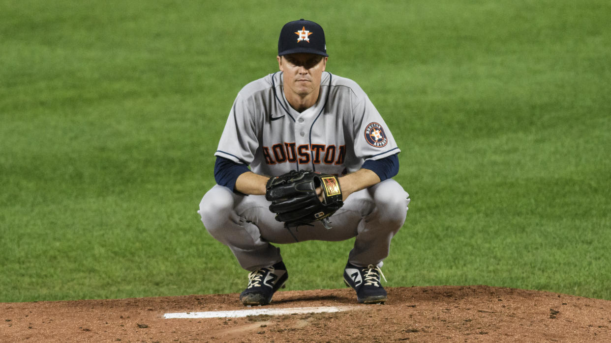 Houston Astros starting pitcher Zack Greinke during the sixth inning of a baseball game against the Kansas City Royals Wednesday, Aug. 18, 2021, in Kansas City, Mo. (AP Photo/Reed Hoffmann)