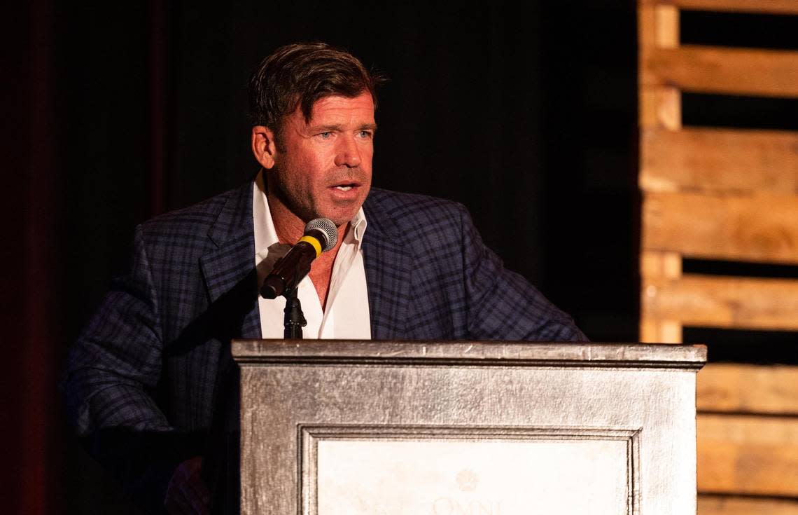 Taylor Sheridan speaks during the Child Care Associates Investors’ Luncheon on Thursday, Oct. 13, 2022, at the Omni Hotel in Fort Worth.
