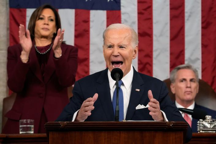 President Joe Biden delivers the State of the Union address to a joint session of Congress as Vice President Kamala Harris and House Speaker Kevin McCarthy (R-CA) listen on February 7, 2023 in the House Chamber of the U.S. Capitol in Washington.