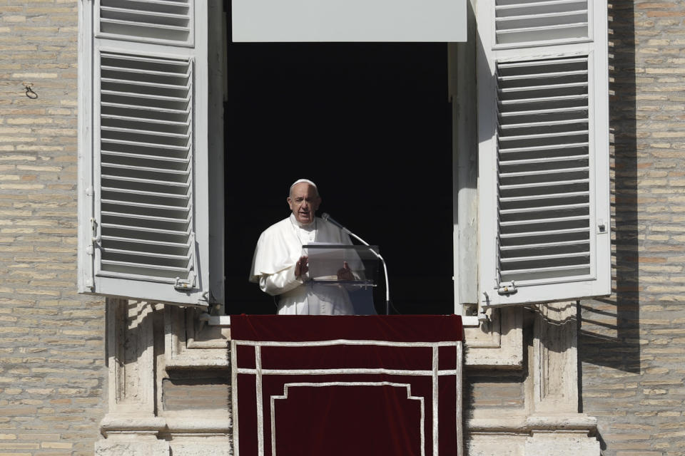 Pope Francis delivers his message during the Angelus noon prayer in St. Peter's Square at the Vatican, Sunday, Feb. 9, 2020. (AP Photo/Gregorio Borgia)