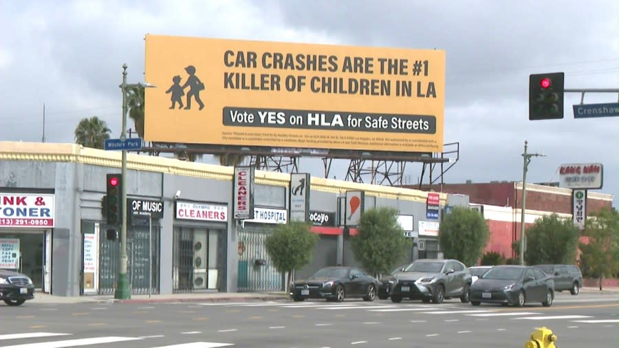 Billboard ad for "Yes on Measure HLA" seen in Los Angeles on Feb. 29, 2024. (KTLA)