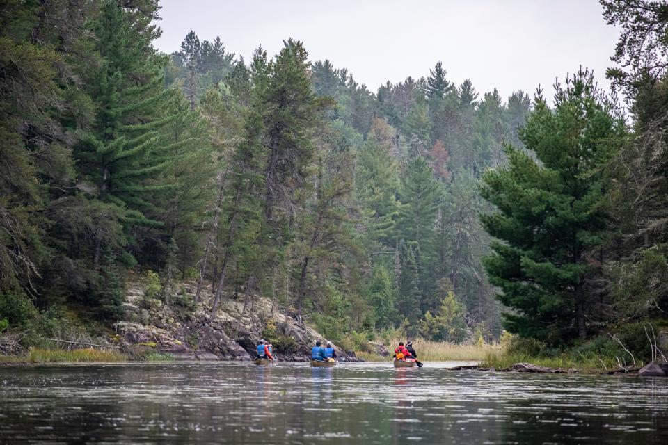Paddlers canoe on Mudro Lake in the Boundary Waters Canoe Area Wilderness in September 2023. Researchers have found microplastics on Mudro Lake and other areas intended to be pristine.