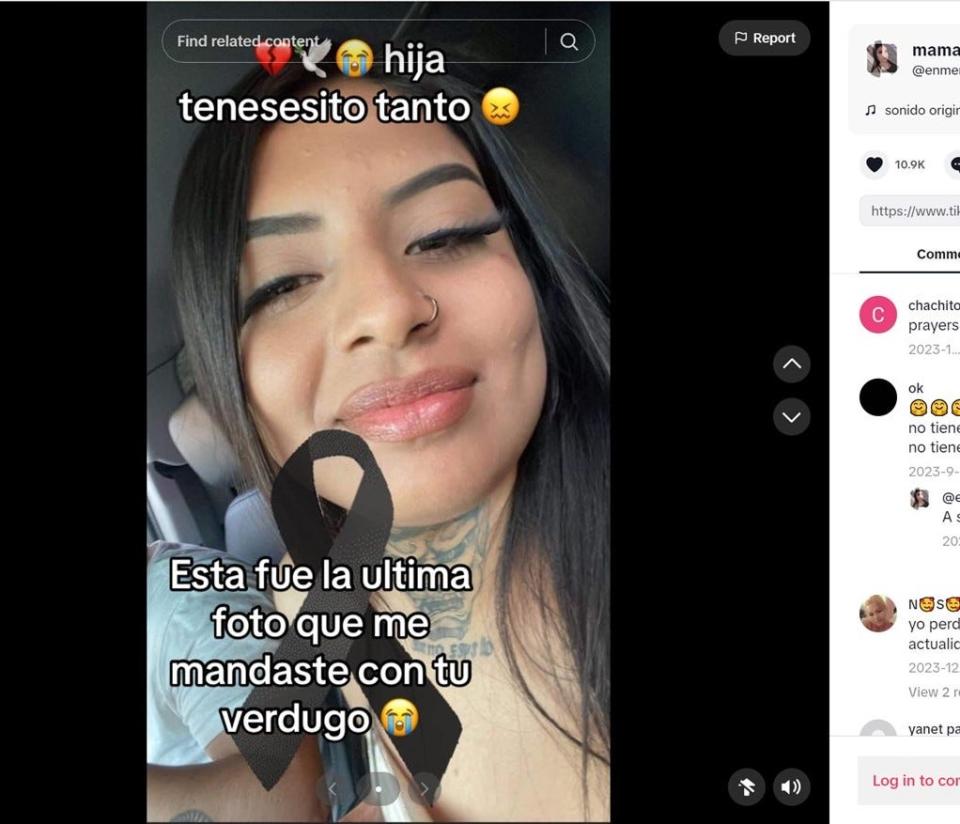 A TikTok image shows the last photo of Aylin Valenzuela, who was killed on April 7, 2023, allegedly by Fort Bliss soldier Saul Luna Villa in Juárez, Mexico. The caption states, "My daughter, I need you so much. This was the last photo you sent me with your executioner."