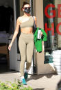 <p>Hailey Bieber and Kendall Jenner (not pictured) leave a Pilates class in Los Angeles on Jan. 27.</p>