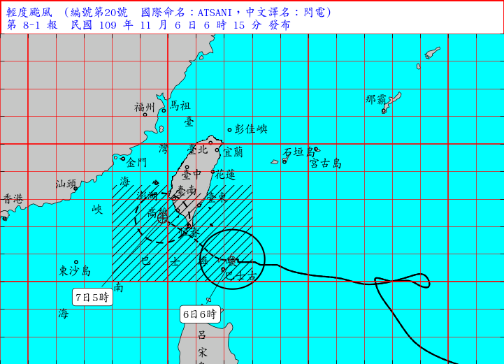 輕度颱風「閃電」逐漸逼近，今（6日）離台灣最近、影響也最大。（翻攝自中央氣象局官網）